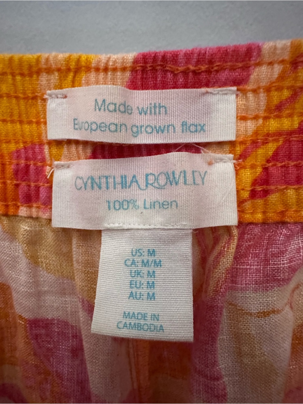 Cynthia Rowley 100% Linen Pink Orange Abstract Floral Wide Leg Crop Pants Medium - Picture 6 of 6